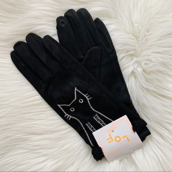 Black Smart Touch Gloves Cat Embroidered - Picture 4 of 4